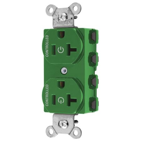 HUBBELL WIRING DEVICE-KELLEMS Straight Blade Devices, Receptacles, Duplex, SNAPConnect, Controlled, 20A 125V, 2-Pole 3-Wire Grounding, Nylon, Green SNAP5362C2GN